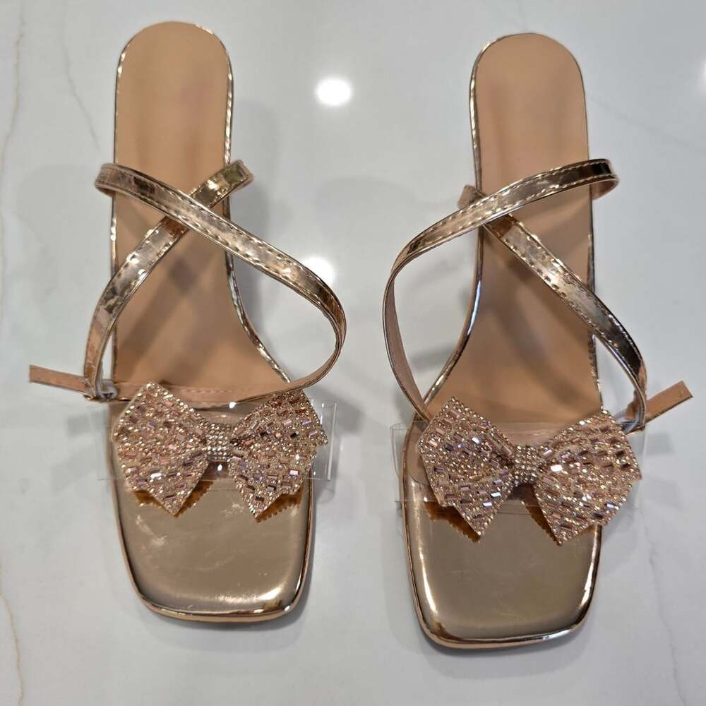 Metallic Gold Rhinestone Bow  Strap Slingback Kitten Heel Sandals